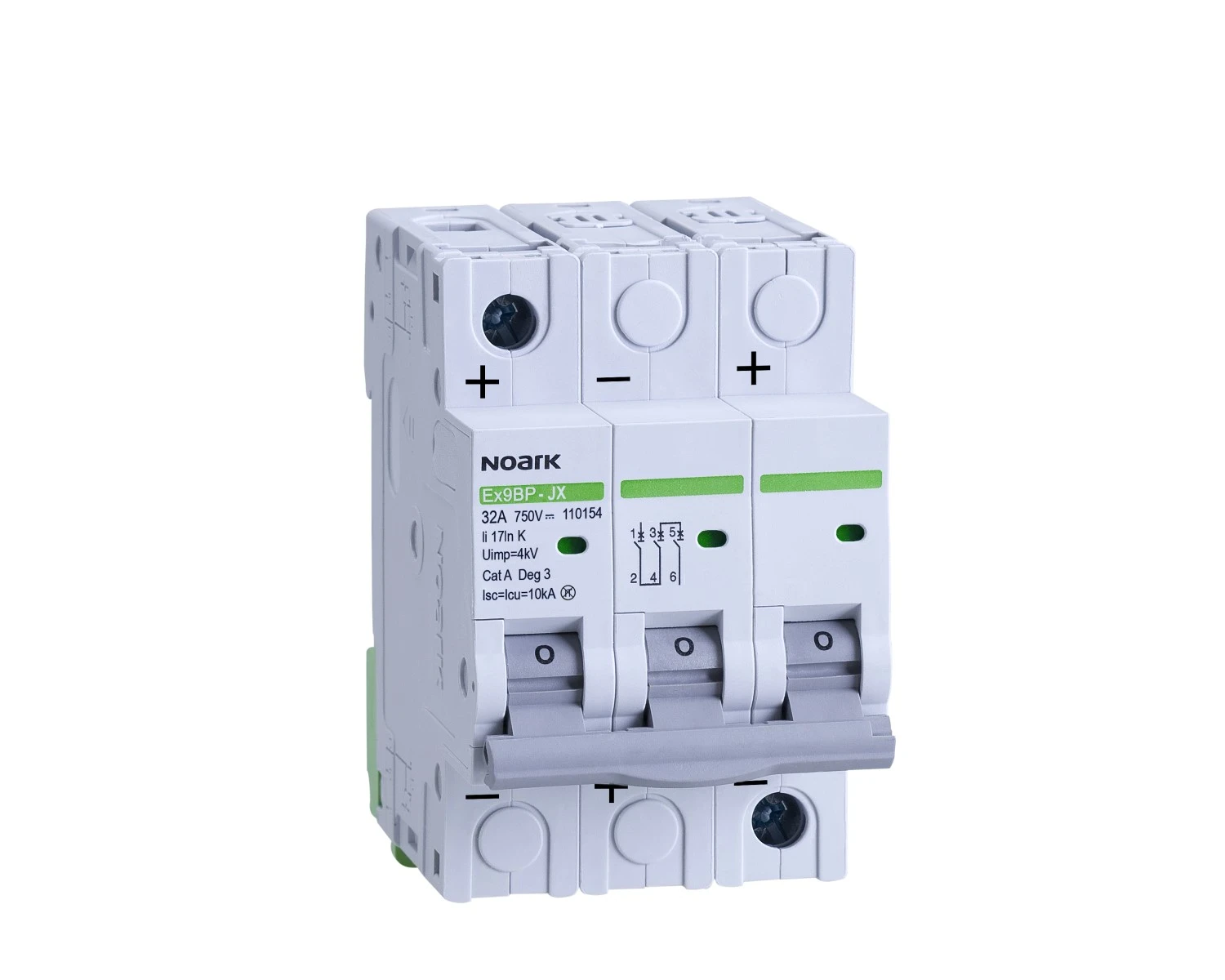 Intrerupator automat DC 2A 3P Curba K 10kA 750V - Noark Ex9BP-JX(+) 110146 pentru aplicatii fotovoltaice