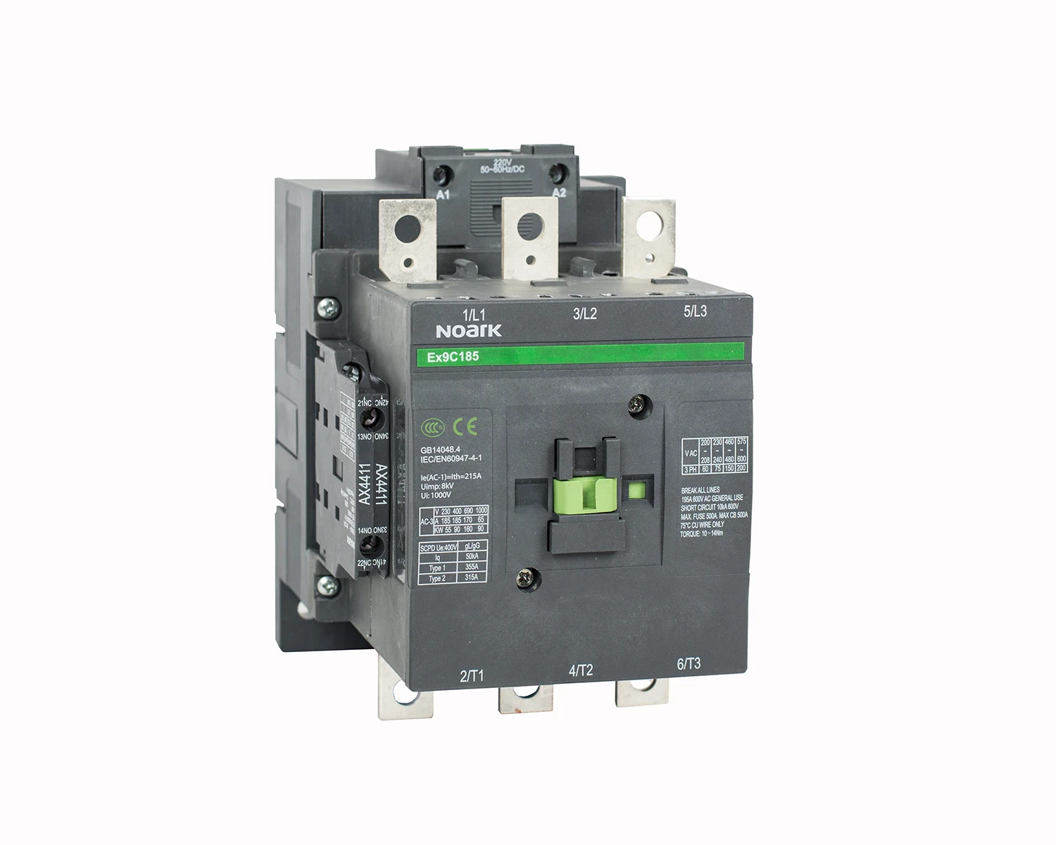 Contactor 3P (3ND) 185A, AC-3, tensiune bobina 380V AC/DC, aux 2 NO + 2 NC - Noark, Ex9C185, 106239